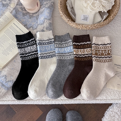 Damen Wadenlange Socken Wollmischung Dick Warm Winter Retro Fair Isle Schleifenmuster Gestrickt Elegant