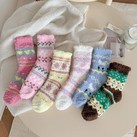 Calze Da Casa Donna Pile Corallo Ispessito Caldo Inverno Dormire Morbido Peluche Retro Motivo Cuore Metà Polpaccio