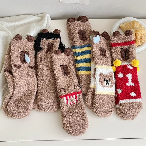 Calze Da Notte In Pile Corallo Da Donna Ispessite Calde Calzini Da Casa Cartoon Animale Capybara Orso Inverno Morbido
