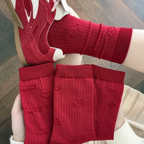 Chaussettes Mi-Mollet Femmes Respirantes Mélange Coton Vintage Rouge Motifs Jacquard Relief 3D Pour Dames