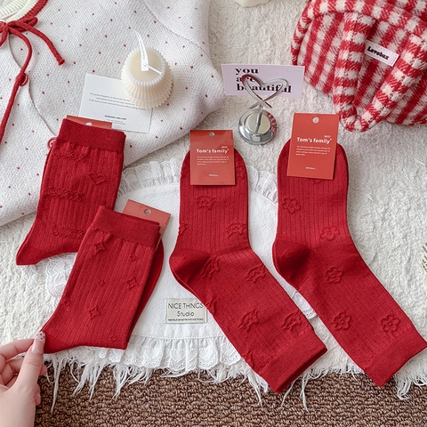 Chaussettes Mi-Mollet Femmes Respirantes Mélange Coton Vintage Rouge Motifs Jacquard Relief 3D Pour Dames