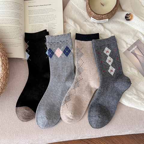 Calze Metà Polpaccio Retro Donna Misto Lana Motivo Argyle Ricamo Fiocco Spesse Calde Stile Vintage