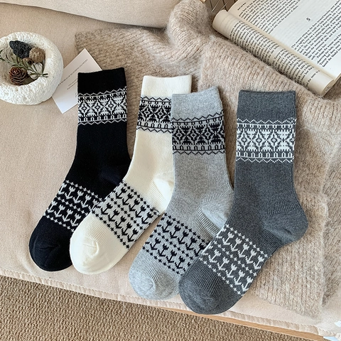 Calze A Metà Polpaccio Fair Isle Da Donna Spesse Calde Invernali Cotone Motivo Geometrico Nordico Retrò