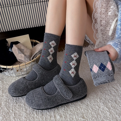 Calze Metà Polpaccio Retro Donna Misto Lana Motivo Argyle Ricamo Fiocco Spesse Calde Stile Vintage