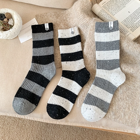 Damen Wollmischung Gestreifte Wadenhohe Socken Vintage Melange Strick Mit Knopf Etikett Dekor Herbst Winter Warm