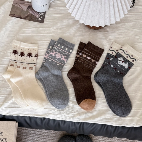 Calcetines Mujer Lana Invierno Cálido Grueso Retro Fair Isle Nordic Patrones Perro Dibujos Animados Corazón