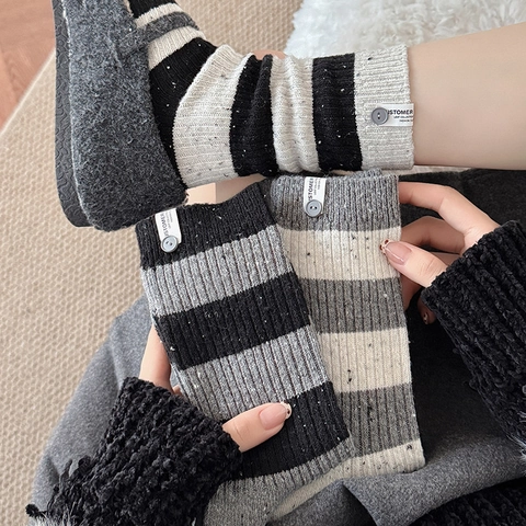 Damen Wollmischung Gestreifte Wadenhohe Socken Vintage Melange Strick Mit Knopf Etikett Dekor Herbst Winter Warm