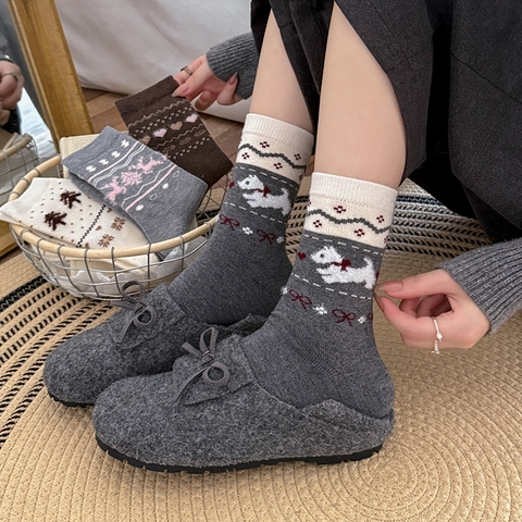 Calcetines Mujer Lana Invierno Cálido Grueso Retro Fair Isle Nordic Patrones Perro Dibujos Animados Corazón
