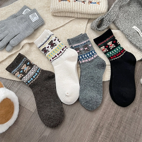 Damen Wollmischung Crew Socken Fair Isle Bär Muster Verdickt Warm Japanischer Stil Winter Kawaii