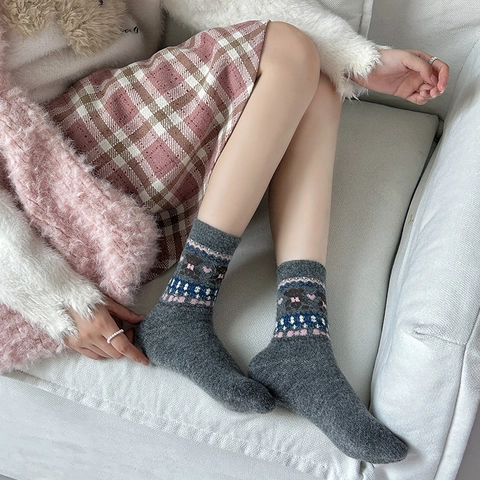 Damen Wollmischung Crew Socken Fair Isle Bär Muster Verdickt Warm Japanischer Stil Winter Kawaii