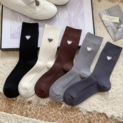 Women Mid Calf Socks Viscose Blend Ribbed Heart Embroidery Autumn Winter Warm Casual Solid Color