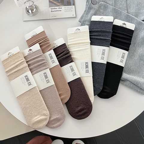 Women Slouch Socks Wool Blend Ribbed Knit Mid Calf Warm Seamless Toe Solid Color Autumn Winter