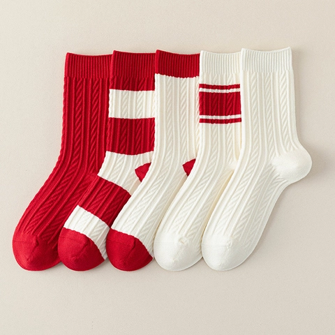 Calze Metà Polpaccio Donna Misto Viscosa Spesse Calde Treccia Rosso Bianco Righe Festivo Capodanno Natale Moda