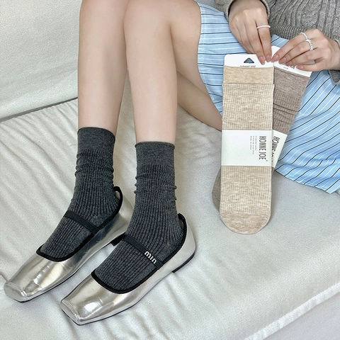 Women Slouch Socks Wool Blend Ribbed Knit Mid Calf Warm Seamless Toe Solid Color Autumn Winter