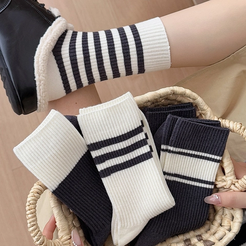 Damen Socken Mittelhoch Viskosemischung Rippstrick Gestreift Farblock Atmungsaktiv Lässig Koreanischer Stil Herbst Winter