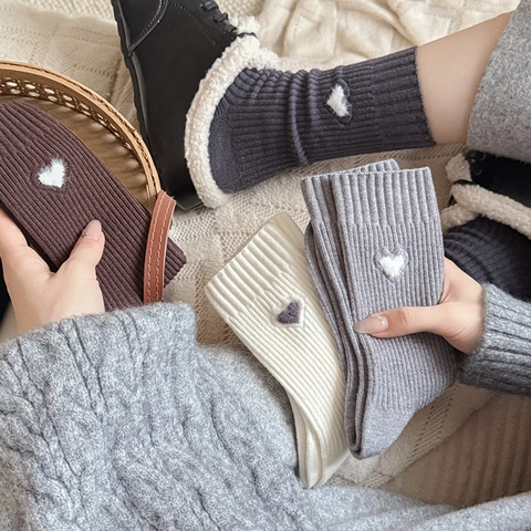 Women Mid Calf Socks Viscose Blend Ribbed Heart Embroidery Autumn Winter Warm Casual Solid Color
