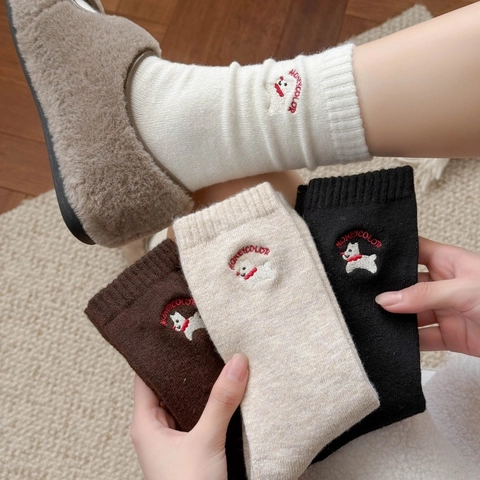 Calcetines Media Pantorrilla Mujeres Mezcla De Lana Gruesos Cálidos Invierno Otoño Bordado Perro Lindo Estilo Japonés Suave Kawaii