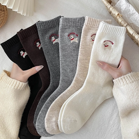 Calcetines Media Pantorrilla Mujeres Mezcla De Lana Gruesos Cálidos Invierno Otoño Bordado Perro Lindo Estilo Japonés Suave Kawaii
