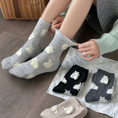 Women Crew Socks Stereo Flocked Rabbit Pattern Cute Preppy Style Autumn Winter Warm Cotton Blend Mid-Tube Socks For Daily