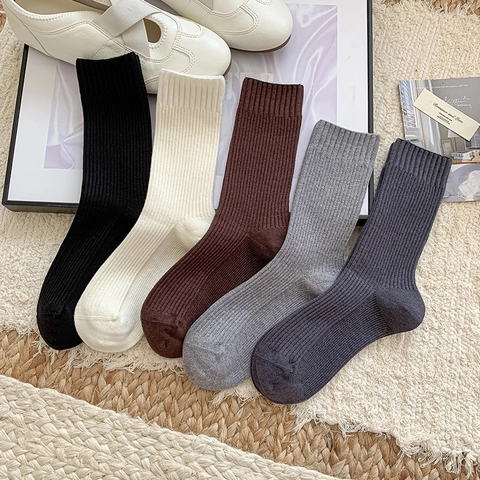 Women Crew Socks Viscose Blend Ribbed Knit Soft Warm Solid Color Seamless Casual Minimalist Style Autumn Winter