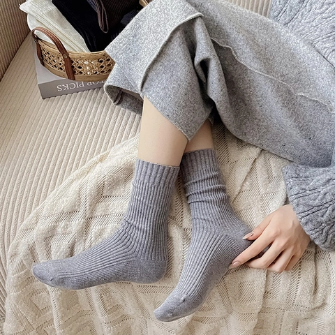 Women Crew Socks Viscose Blend Ribbed Knit Soft Warm Solid Color Seamless Casual Minimalist Style Autumn Winter