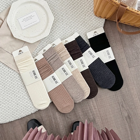 Chaussettes Mi-Mollet Côtelées Femme Mélange De Laine Chaud Automne Hiver Chaussettes Plissées Style Japonais Sans Couture