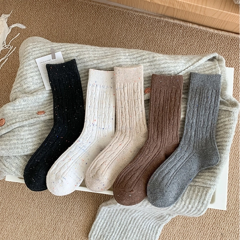 Women Crew Socks Cotton Blend Thick Warm Confetti Flecked Yarn Ribbed Japanese Vintage Casual Autumn Winter
