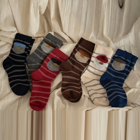 Chaussettes Mi-Mollet Pour Femmes Rayées Coton Peigné Respirant Poche Décorative Étiquette Métallique Style Coréen