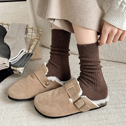 Women Crew Socks Cotton Blend Thick Warm Confetti Flecked Yarn Ribbed Japanese Vintage Casual Autumn Winter