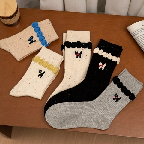 Calze Metà Polpaccio Donna Cotone Pettinato Ricamo Gatto Cartone Animato Fiocco Bordo Volant Filato Fiammato Preppy