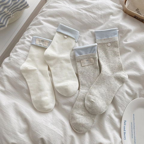 Calze Equipaggio Donna Misto Cotone Polsino Righe Bottone Patch Fiocco Stile Giapponese Traspirante Morbido