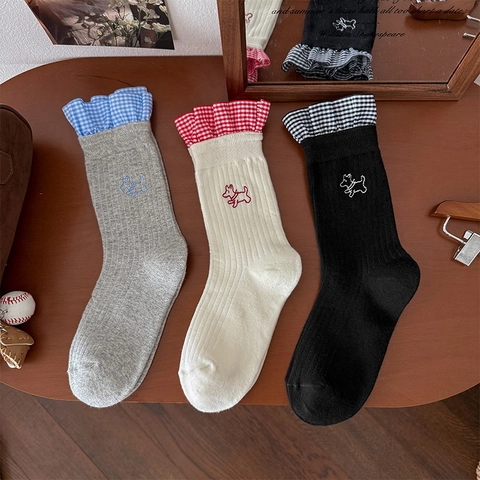 Damen Crew Socken Baumwolle Gingham Rüschenbesatz Hund Bestickung Süßer Kawaii Stil Atmungsaktiv Rippstrick Mode