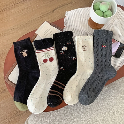 Calze Da Donna Stile Giapponese Misto Lana Maglia Bordo A Festone Ciliegia Orsetto Ricamo Carino Kawaii Retro