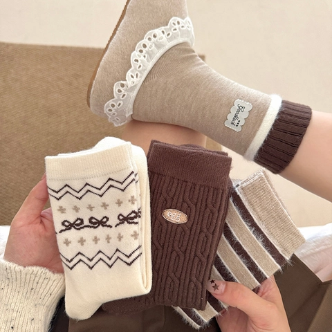 Calcetines Media Pantorrilla Mujeres Cálidos Gruesos Mezcla Poliéster Viscosa Retro Fair Isle Rayas Trenzados Estilo Maillard