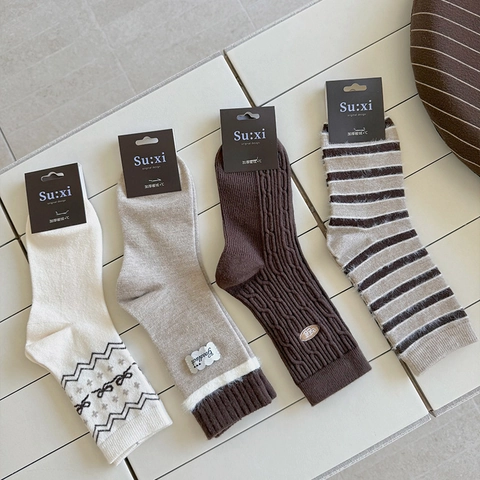 Calcetines Media Pantorrilla Mujeres Cálidos Gruesos Mezcla Poliéster Viscosa Retro Fair Isle Rayas Trenzados Estilo Maillard