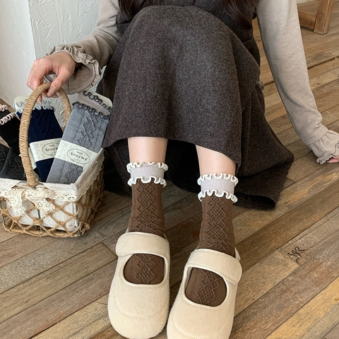 Calze Slouch Da Donna Misto Raso Lana Calde Invernali Stile Giapponese Retro Bordo Con Volant Maglia A Diamante Al Polpaccio