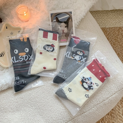 Calze Al Polpaccio Pinguino Cartone Animato Misto Cotone Motivo Animale Ricamato Righe Pois Calde Traspiranti Per Donna