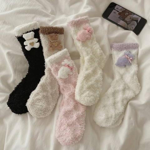 Calcetines Dormir Lana Coral Mujer Gruesos Cálidos Invierno Casa Media Pantorrilla Decoración Conejo Oso Peluche
