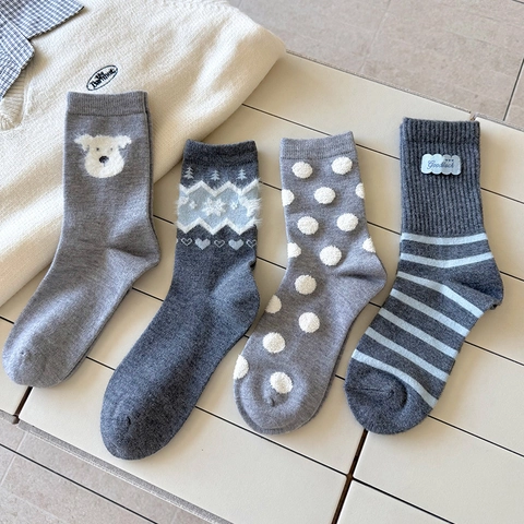 Women Mid Tube Socks Thick Knit Warm Winter Autumn Cute Cartoon Dog Polka Dot Striped Pattern Soft Comfortable Crew Socks