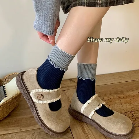 Women Australian Cotton Mid Calf Socks Ruffled Wood Ear Edge Color Block Ribbed Knit Breathable Vintage Sweet Style