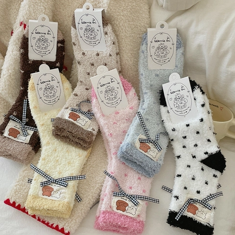 Women's Coral Fleece Socks Cute Bow Bear Patch Winter Warm Fuzzy Mid-calf Socks Home Sleep Floor Socks Soft Plush Socks
