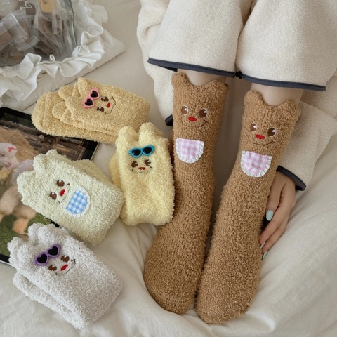 Calcetines De Dormir De Terciopelo Coral Para Mujer Invierno Cálido Grueso Lindo Oso Dibujos Animados Media Pierna Hogar Peluche