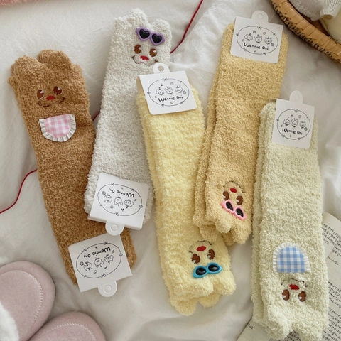 Calcetines De Dormir De Terciopelo Coral Para Mujer Invierno Cálido Grueso Lindo Oso Dibujos Animados Media Pierna Hogar Peluche