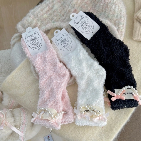 Calze Al Polpaccio Donna Spesse Calde Pile Di Corallo Con Perla Artificial Sintetica Fiocco Inverno Casa Dormire Dolce Stile Lolita