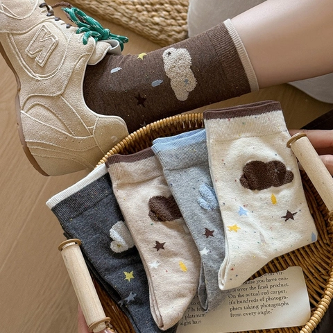 Women Crew Socks Combed Cotton Knit Breathable Flocking Cloud Star Pattern Japanese Style Cute Kawaii Daily Casual