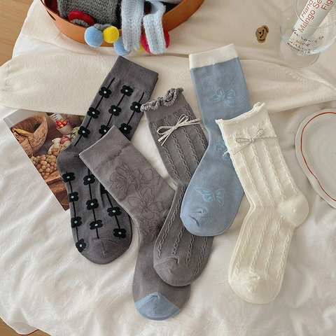 Women Mid Calf Socks Cotton Blend Cable Knit Ruffled Edge Bowknot Floral Pattern Breathable Korean Style Sweet Girls