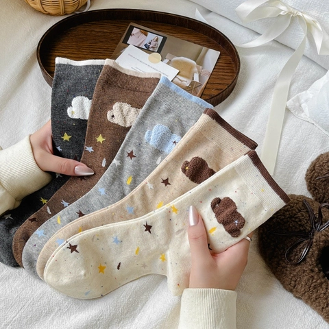 Women Crew Socks Combed Cotton Knit Breathable Flocking Cloud Star Pattern Japanese Style Cute Kawaii Daily Casual