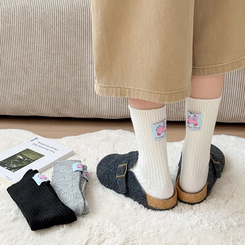 Damen Wollmischung Crew Socken Gerippt Strick Warm Wadenlang Cartoon Patch Label Koreanischer Stil Casual