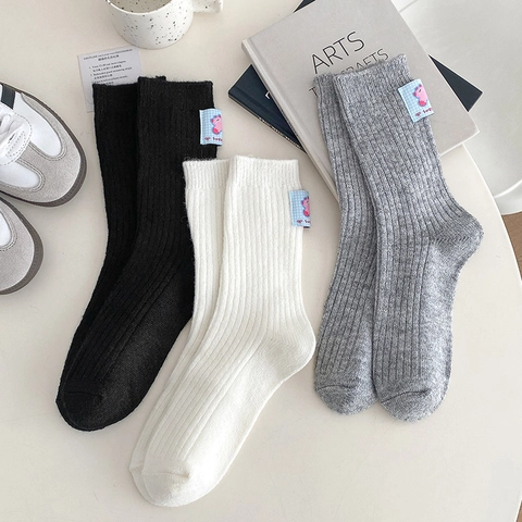 Damen Wollmischung Crew Socken Gerippt Strick Warm Wadenlang Cartoon Patch Label Koreanischer Stil Casual