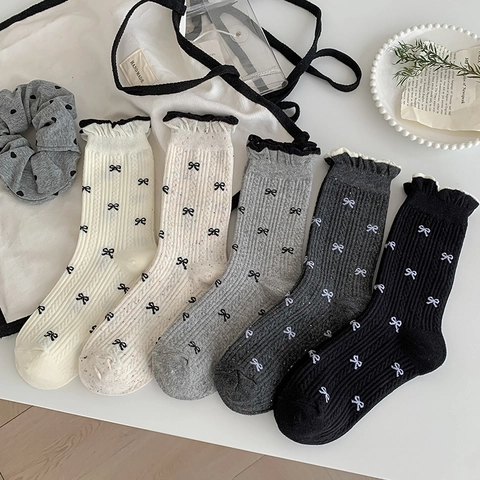 Calze Metà Polpaccio Donna Misto Cotone Motivo Fiocco Bordo A Volant Maglia A Costine Stile Preppy Dolce Coreano